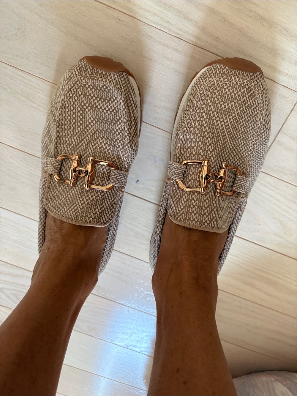 Beige Mesh Slip-On Loafers with Gold Buckle